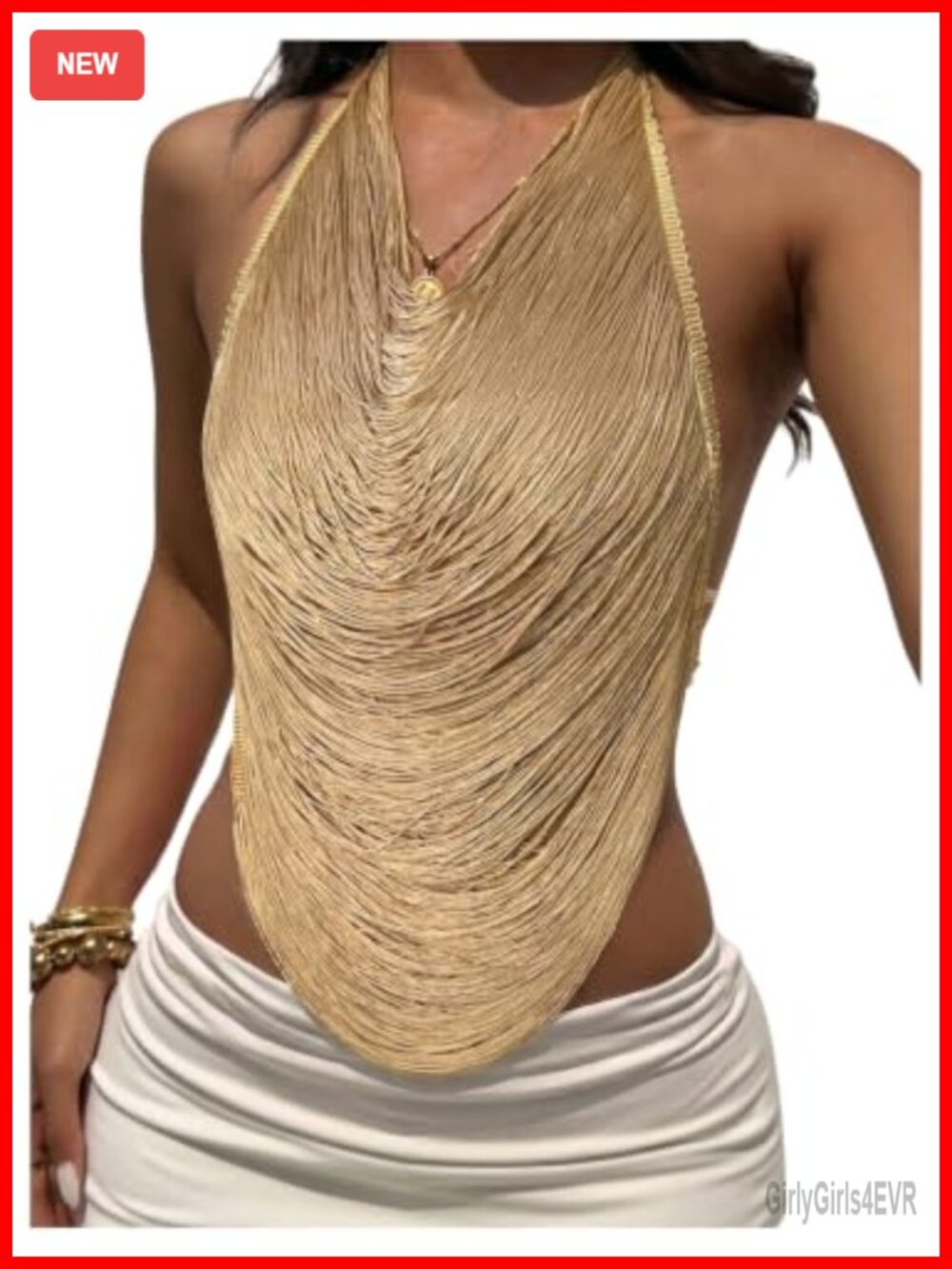 Metallic Fringe Halter Tank Top Draped Tie Open Back Party Top